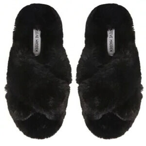 Steve Madden Faux Fur Fluffy Criss Cross Slip On Slippers Black Size S (5-6)